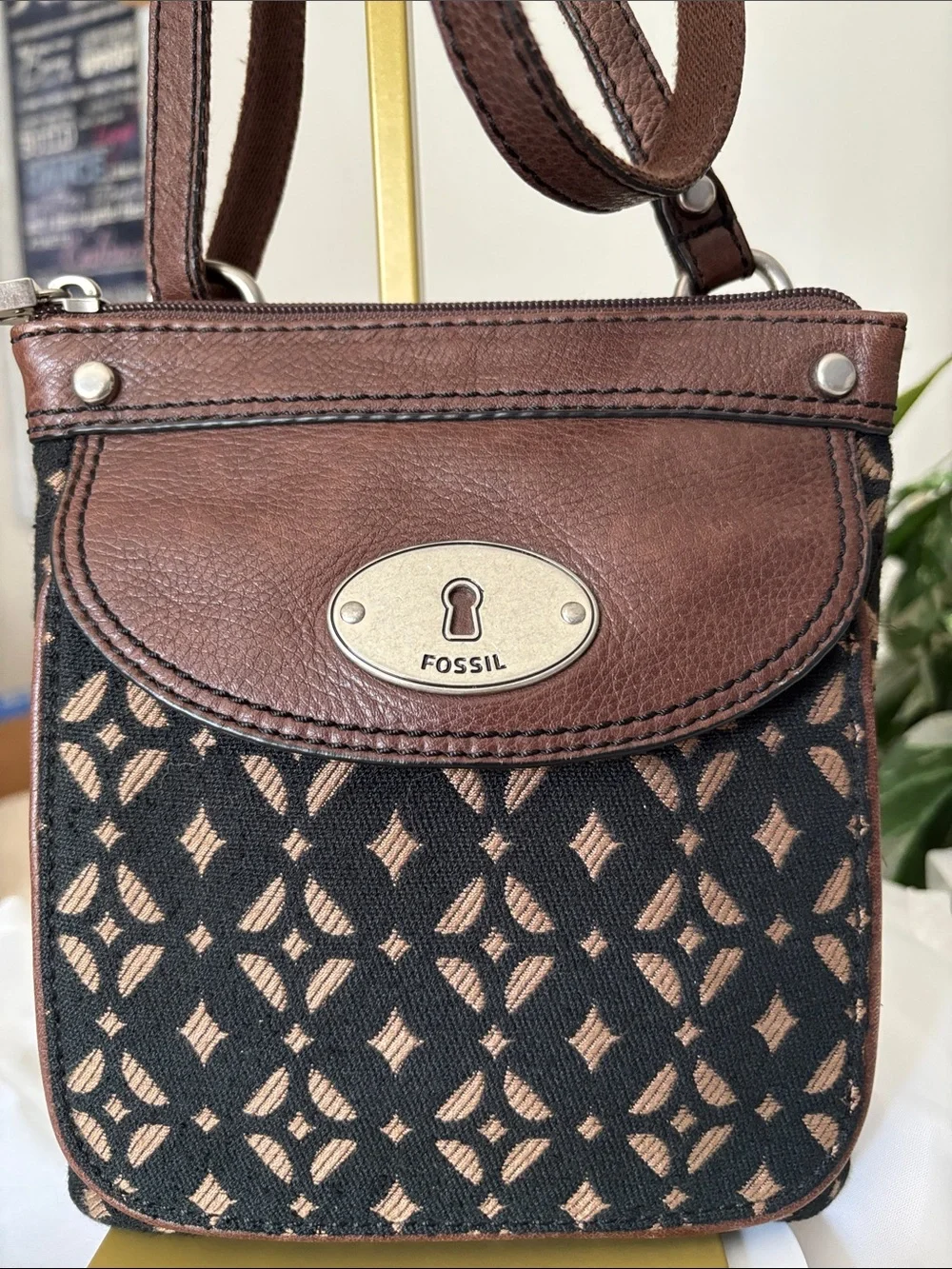 Fossil Maddox Brown & Black Fabric with Leather Trim Crossbody
